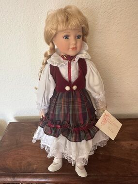 Victorian Collection 16” Porcelain Doll with Red Plaid Dress with display stand